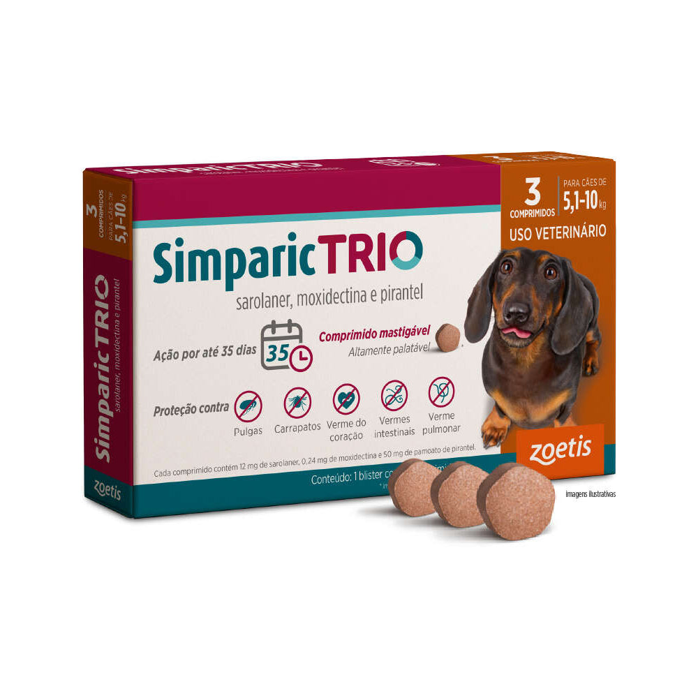 Antipulgas Simparic Trio 6mg Cães 5,1 a 10kg 3 comprimidos