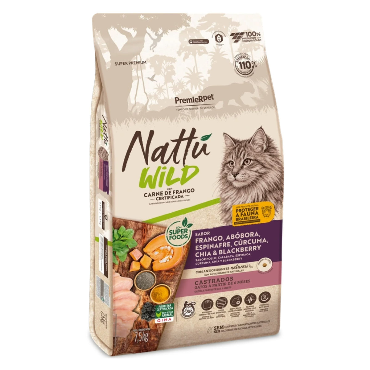 Ração Premier Nattu Wild Gatos Castrados Adulto Abóbora e Espinafre 7,5kg