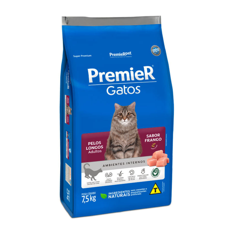 Ração Premier Ambientes Internos Gato Adulto Pêlo Longo Frango 7,5kg