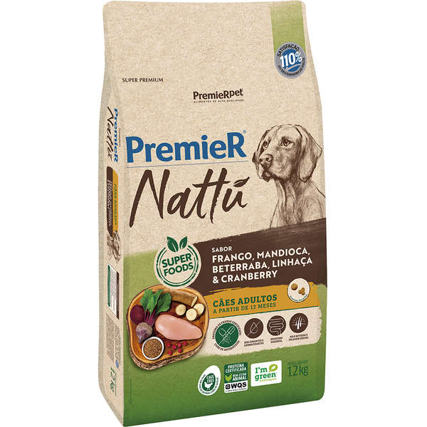 Ração Premier Nattú Mandioca Cães Adultos 12kg