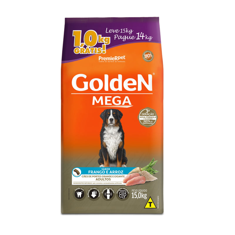 Ração Golden Mega Cães Adultos Frango e Arroz Pague 14 e Leve 15kg