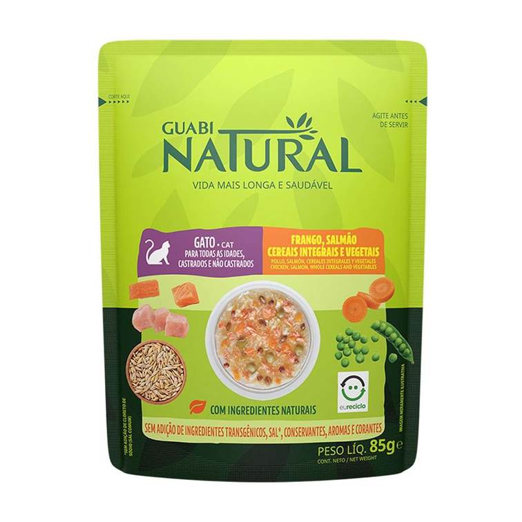 Alimento Úmido Guabi Natural Sachê Gato Castrado Frango, Salmão, Cereais e Vegetais 85g