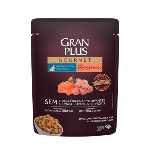 Alimento Úmido GranPlus Gourmet Sachê Gatos Castrados Salmão e Frango 85g