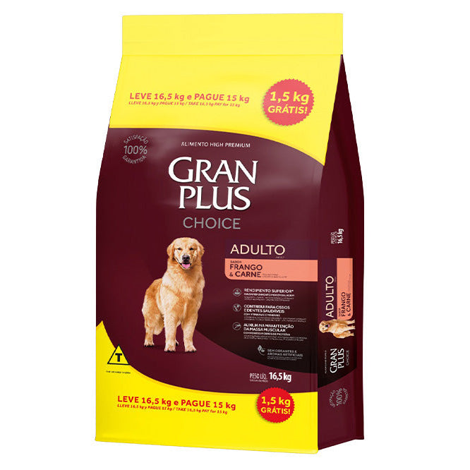 Ração GranPlus Choice Cães Adultos Frango e Carne 15kg + 1,5kg