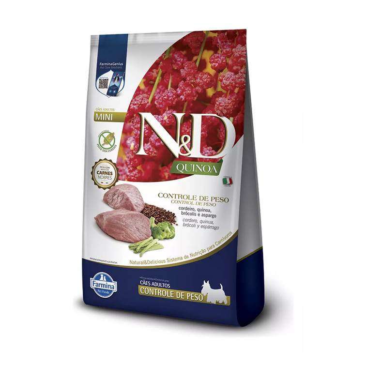 Ração N&D Quinoa Controle de Peso para Cães Adultos de Porte Mini e Pequeno Sabor Cordeiro, Quinoa, Brócolis e Asp 2,5kg