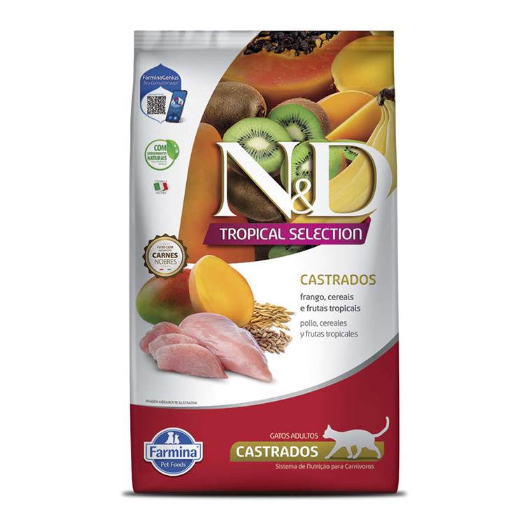 Ração N&D Tropical Selection Frango, Cereais e Frutas Tropicais Gatos Adultos Castrados 1,5kg