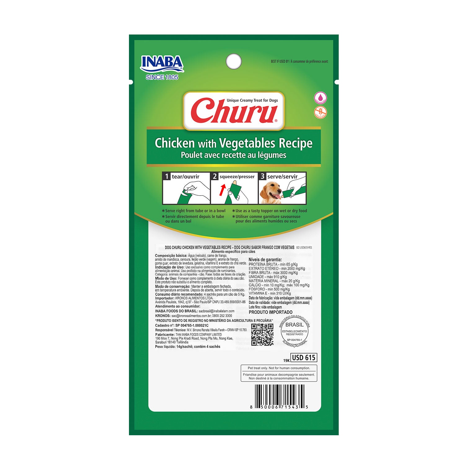 Petisco Cremoso Inaba Churu Frango com Vegetais para Cachorros 56g