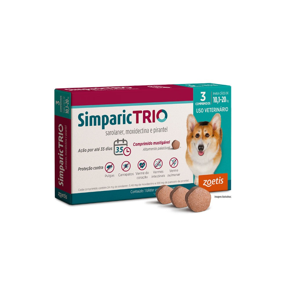 Antipulgas Simparic Trio 6mg Cães 10,1 a 20kg 3 comprimidos