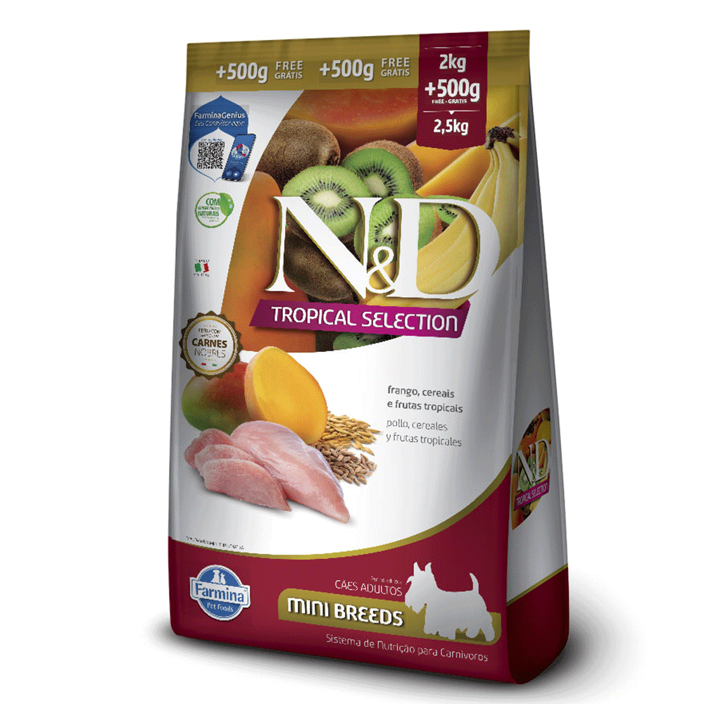 Ração N&D Tropical Selection Frango, Cereais e Frutas Tropicais Cães Adultos Raças Minis 2+0,5kg