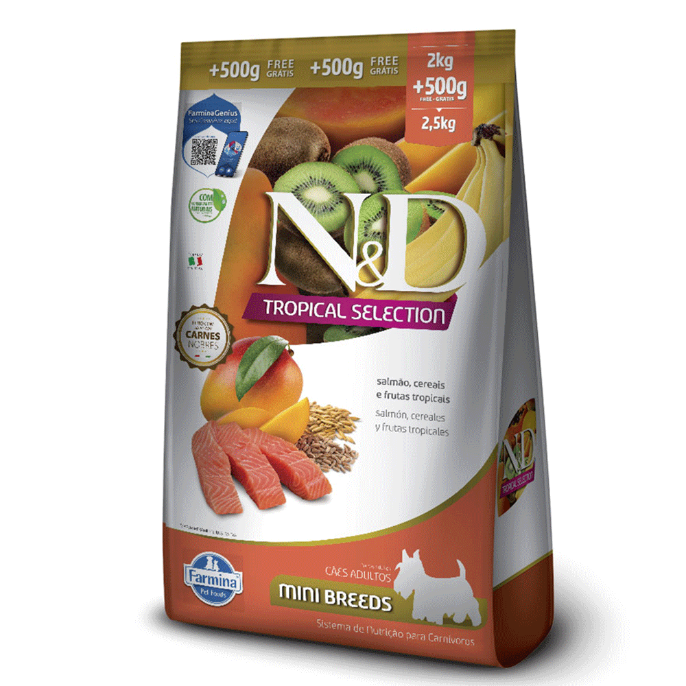 Ração N&D Tropical Selection Salmão, Cereais e Frutas Tropicais Cães Adultos Raças Minis 2+0,5kg