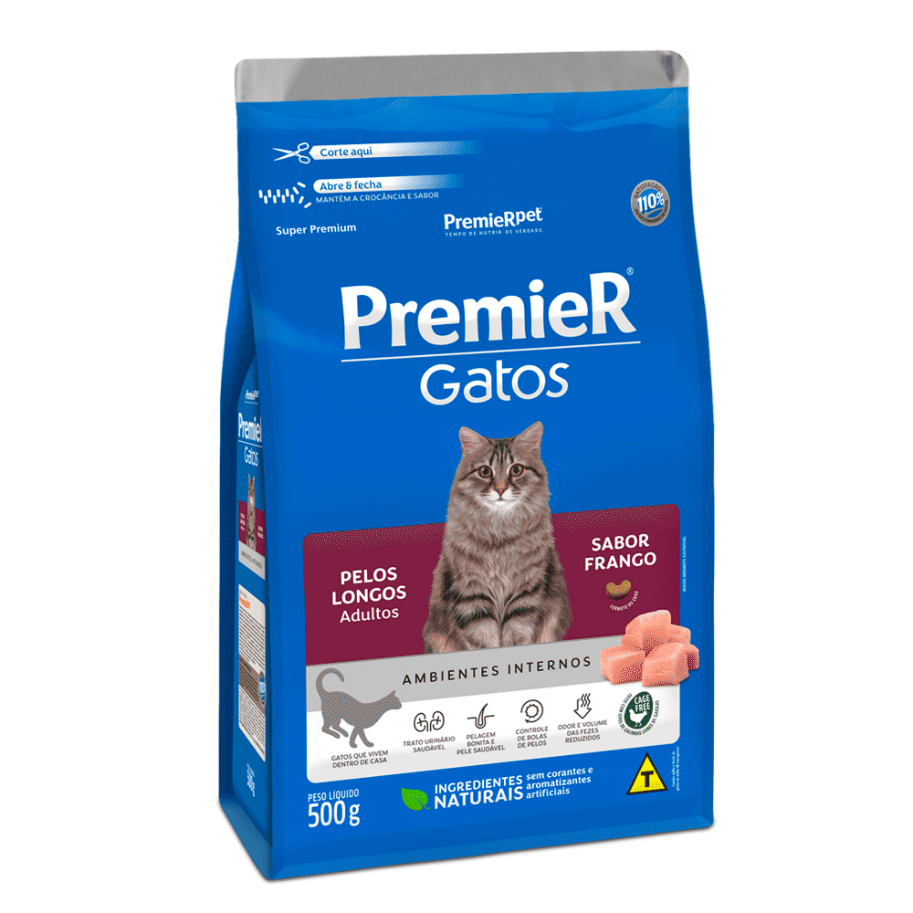 Ração Premier Ambientes Internos Gato Adulto Pêlo Longo Frango 500g