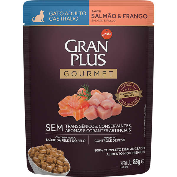 Alimento Úmido GranPlus Sachê Gourmet Gatos Castrados Salmão e Frango 85g