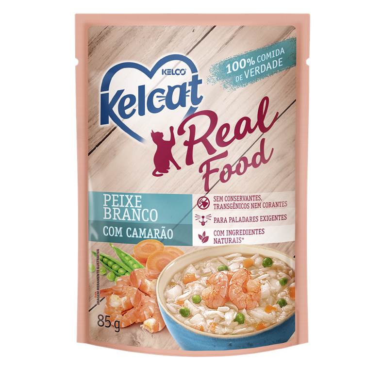 Alimento Úmido Kelcat Real Food Peixe Branco com Camarão 85g