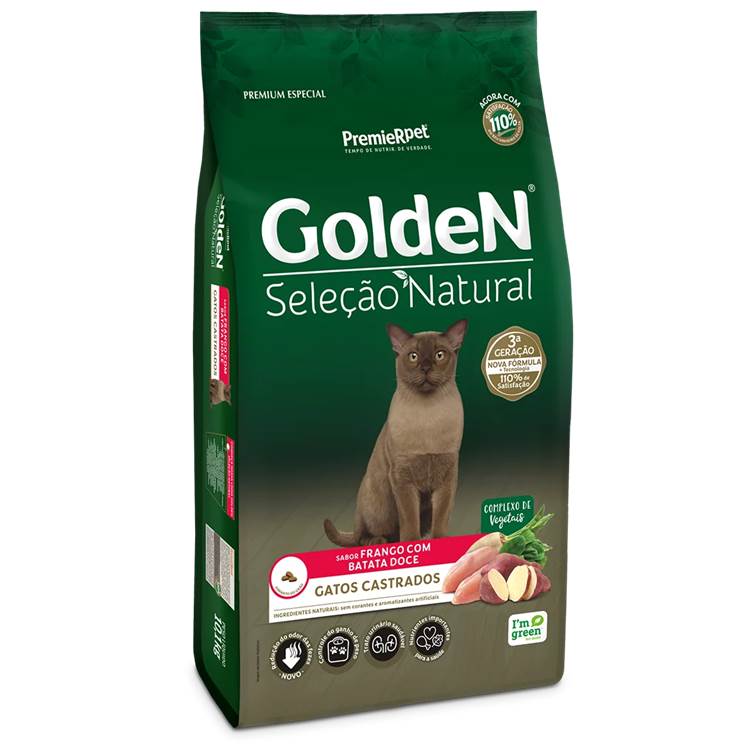 Ração Golden Seleção Natural Gatos Adultos Castrados Frango e Batata Doce 10,1kg