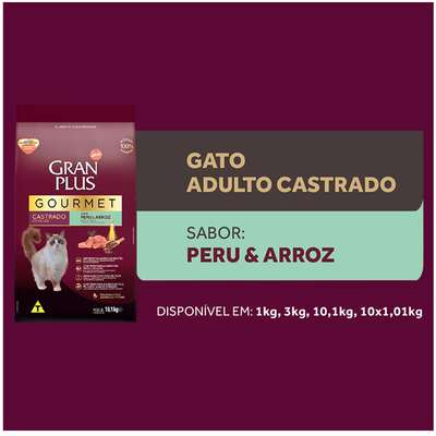 VENC 19/11/24 - Ração GranPlus Gourmet Gatos Castrados Peru 3kg