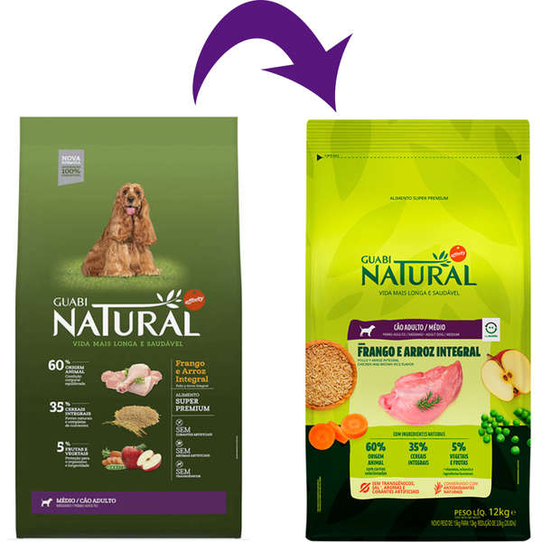 Ração Guabi Natural Cão Adulto Raças Médias Frango e Arroz Integral 12kg