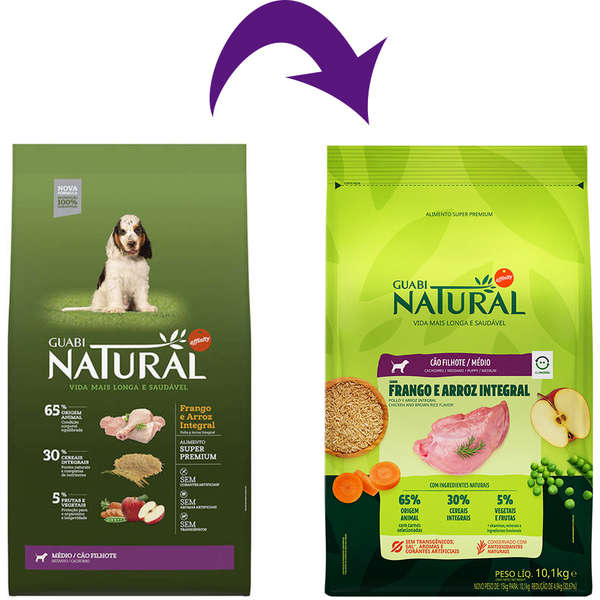 Ração Guabi Natural Cão Filhote Raças Médias Frango e Arroz Integral 10,1kg