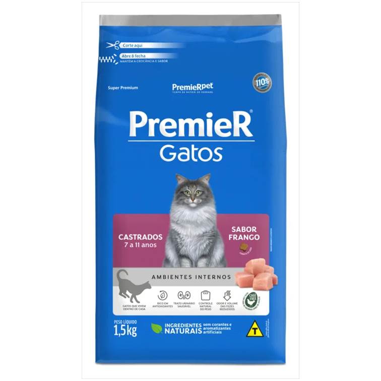 Ração Premier Ambientes Internos Gato Adulto Castrado 7 a 11 anos Frango 1,5kg