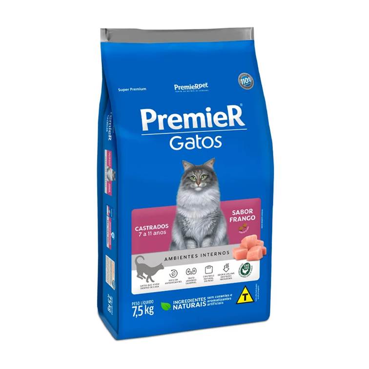 Ração Premier Ambientes Internos Gato Adulto Castrado 7 a 11 anos Frango 7,5kg