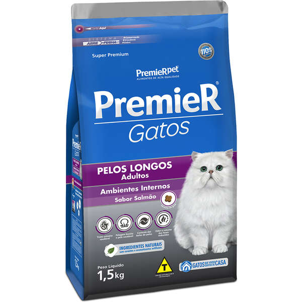 Ração Premier Ambientes Internos Gato Adulto Pêlo Longo Salmão 1,5kg