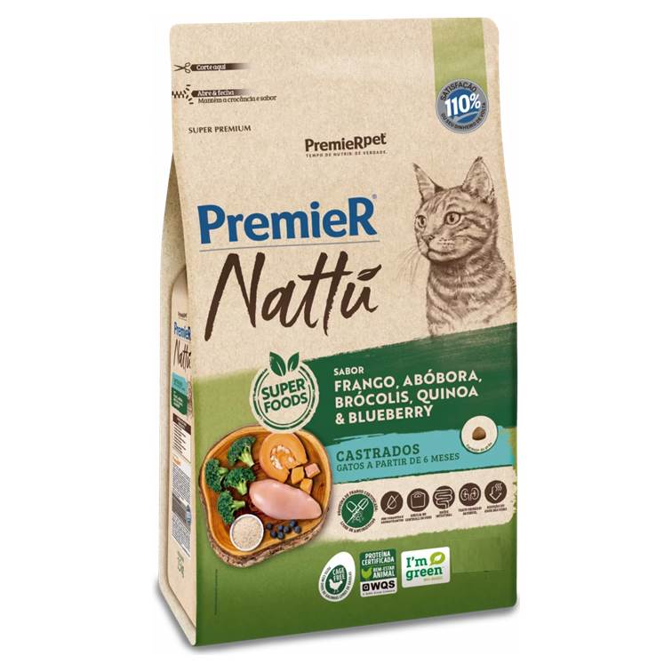 Ração Premier Nattú Gatos Adultos Castrados Abóbora 7,5kg