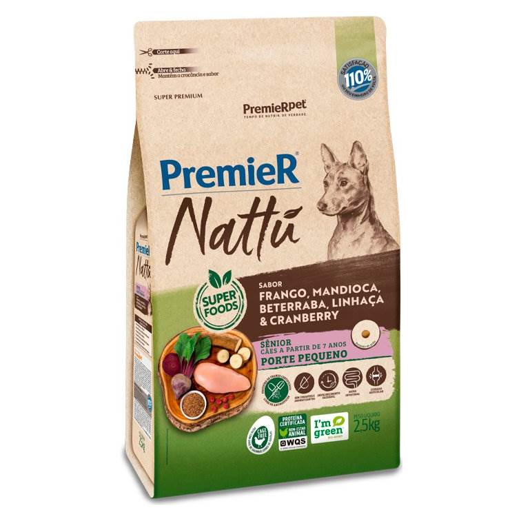 Ração Premier Nattú Mandioca Cães Sênior Raças Pequenas 2,5kg