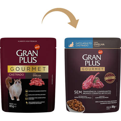 Alimento Úmido GranPlus Sachê Gourmet Gatos Castrados Ovelha 85g