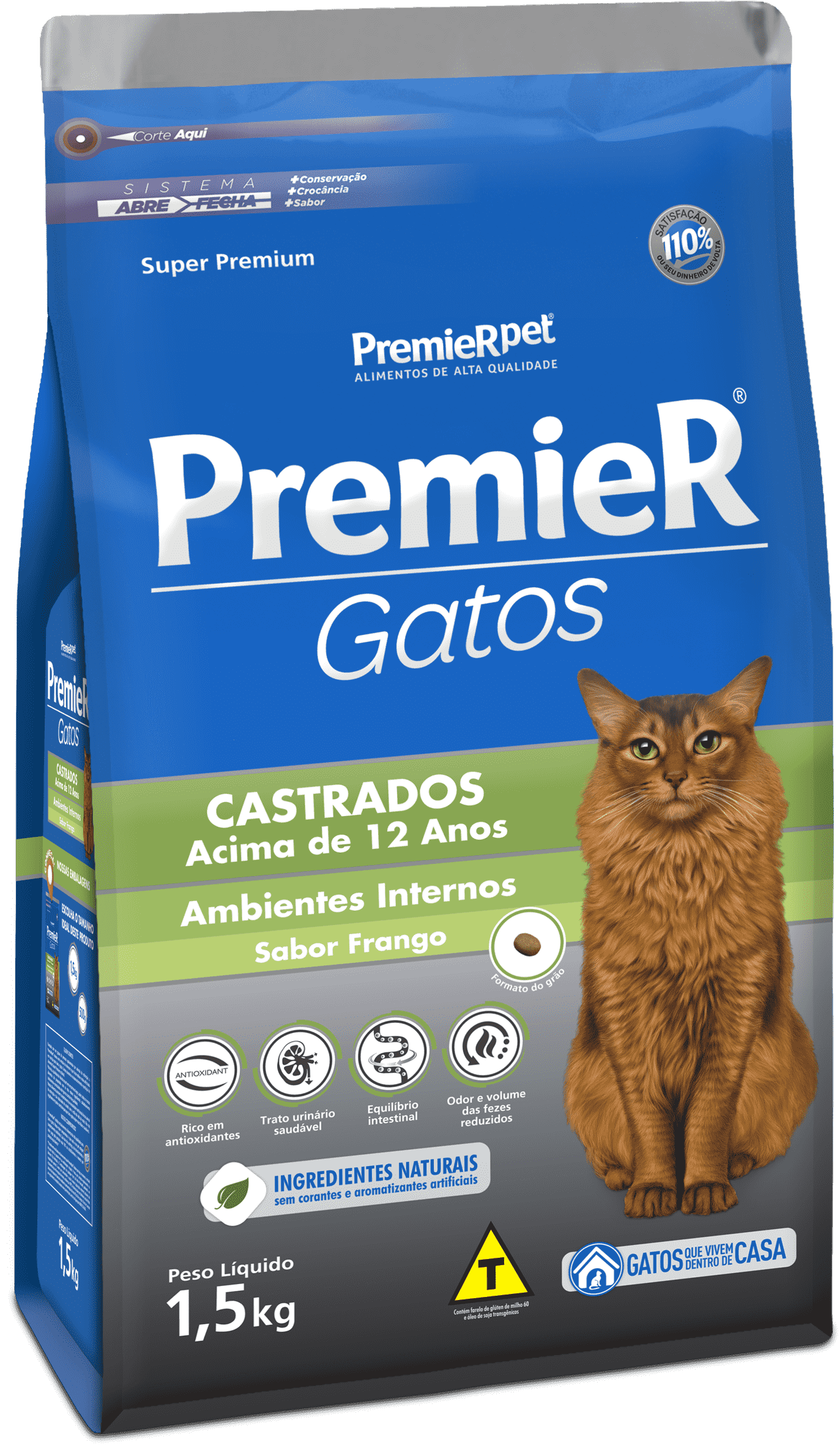 Ração Premier Gato Adulto Castrado +12 anos Frango 1,5kg